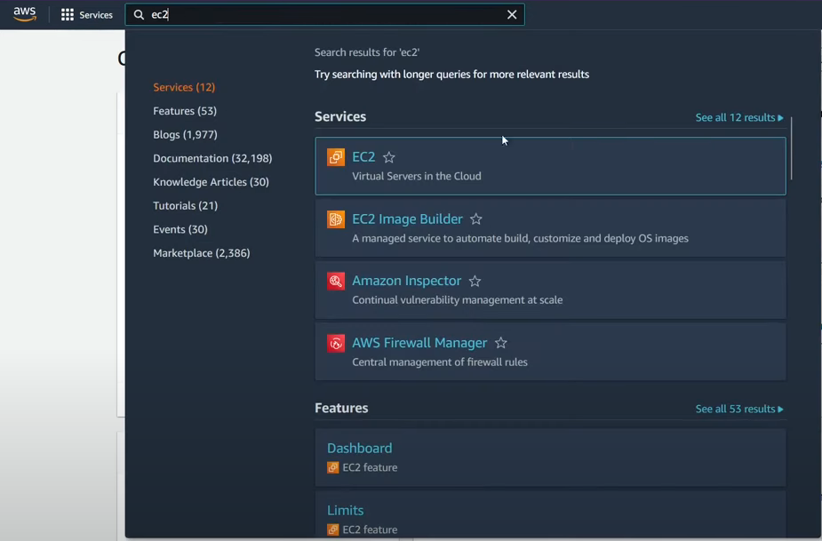 select ec2 from aws management console