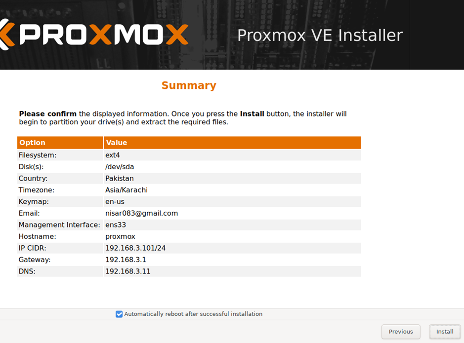 summary in proxmox ve installation